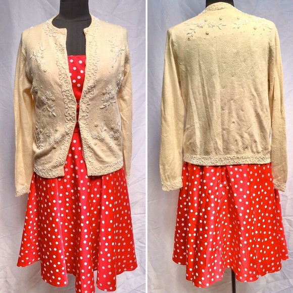 SOLD Jeri-Jo vtg 50s 60s beaded cardigan sweater lambswool angora floral ivory L - Picture 2 of 8